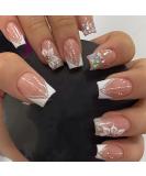 Buy Short Square Press on Nails - White French Tips & Glitter | Full Cover Gel Fake Nails for Women & Girls - Buy Online on GoSupps.com