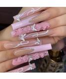 24 Pcs Pink French Tip Press On Nails with Silver Glitter & Flower Design | Artificial Acrylic False Nails with Butterfly Charms - Perfect for Women | Full Cover Fake Nails for Stunning Nail Art - Buy Online on GoSupps.com
