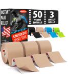 Waterproof Kinesiology Tape - 3 Rolls - Joints Support and Muscle Pain Relief - 16.4 ft Uncut Kinetic Tape  50 Videos - Buy Online on GoSupps.com