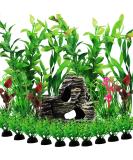 QUOZUO 20 Pieces Aquarium Artificial Plants - Green Plastic Decorations & Resin Cave Accessories for Fish Tanks - Buy Online on GoSupps.com