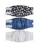 Cutebone Male Washable Dog Diapers Belly Bands - 3 Reusable High-Suction Wraps with Velcro Fastener (DM06M-DE) - Denim Totenkopf & Stripe - Fits 35.5-43cm - Buy Online on GoSupps.com