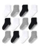 CozyWay Kids Non Slip Cotton Crew Socks - 12 Pairs, Anti-Skid Grips, Striped Design for Toddler Boys & Girls 1-3 Years - Black/White/Gray - Buy Online on GoSupps.com
