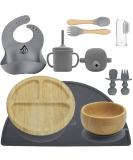 Bamboo Weaning Set + Toothbrush Teether | Baby Luxe 10 Piece Divided Suction Tableware Set for Self Feeding | Charcoal Grey - Buy Online on GoSupps.com
