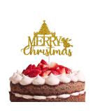 Reusable Christmas Cake Topper Double-Sided Glitter Card Christmas Cake Decorations and Holiday Cake Decorations Glitter and Gold MERRY Christmas in Cursive with Christmas Tree - 3 Little Desserts - Buy Online on GoSupps.com