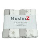 MuslinZ 6pk Baby Muslin Squares - Soft & Absorbent 100% Cotton Burp Cloth - Newborn Essential - 70x70cm - Grey Star - Buy Online on GoSupps.com