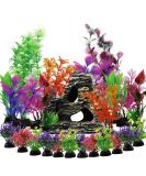 QUOZUO 25-Piece Aquarium Plants Decoration Set | Colorful Artificial Plants & Resin Cave Fish Tank Ornaments - Enhance Your Aquarium Today! - Buy Online on GoSupps.com