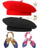 6-Piece Wool Beret Hat Set with Silky Scarf Brooch - Black and Red - Buy Online on GoSupps.com