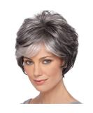 RENERSHOW Short Grey Pixie Cut Wig for Women | Layered Synthetic Hair Mixed Gray with White Bangs | Natural Wavy Old Lady Wig - Buy Online on GoSupps.com