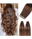 Hotlulana Tape In Extensions - 100% Real Hair Balayage Dark Brown & Chestnut Brown - 18 Inch (45cm) Skin Weft (20 Pack) - Buy Online on GoSupps.com