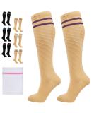 360 RELIEF - Flight Compression Socks Supports | Blood Circulation Travel Work S-M 2Pairs-Beige with 2 Plum Purple lines - Buy Online on GoSupps.com