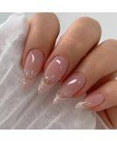 Buy MISUD Almond Press on Nails - Medium Stiletto Glossy Chrome Acrylic Bling French Tip - 24 pcs Nude Pink | International Shipping Available - Buy Online on GoSupps.com