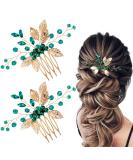 HINZIC 2Pcs Green Crystal Hair Comb - Bridal Leaves Wedding Flowers Rhinestone Hair Clip - Emerald Green Hair Accessories for Bride Party - Buy Online on GoSupps.com