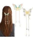 Gold Butterfly Tassel Hair Claw Clips - 2 Pcs Set | Rhinestone Pearl Crystal Metal Clips for Women & Girls - Buy Online on GoSupps.com