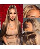 Honey Blonde Brown Ombre Straight Lace Front Human Hair Wig 24 Inch 4/27 Highlight Colored 180% Density HD Lace Frontal Wig for Women - Buy Online on GoSupps.com