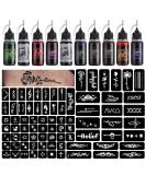 STIGMA  Temporary Tattoo Kit 10 Bottles Color Inks, 84 Pcs Stencils Kit for Body Paint DIY Tattoos Temp, DIY Fake Tattoo for Women Kids (Black*2, Cyan, Red, Green, Blue, Purple, Brown*2, Orange) Color set - Buy Online on GoSupps.com