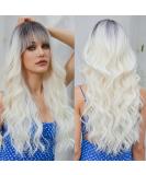 EMMOR Ombre Platinum Blonde Long Curly Wig with Bangs - Heat Resistant Synthetic Hair for Natural Daily Look - Buy Online on GoSupps.com
