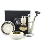 Haryali London Men's Shaving Set with Pure Silver Tip Badger Hair Brush - Ivory Color | Triple Edge Razor Holder, Shaving Bowl, Soap | Special Edition - Buy Online on GoSupps.com