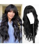 EMMOR Black Wavy Long Curly Wig with Bangs - Heat Resistant Synthetic Fiber, Natural Look - Buy Online on GoSupps.com
