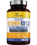 Vegan Vitamin B12 Tablets 1500mcg Methylcobalamin High Strength with Added Folic Acid & Black Pepper - 180 Tablets (6 Month Supply) - Reduction of Tiredness & Fatigue - Made in The UK by YrHealth - Buy Online on GoSupps.com