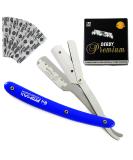 ProMax Care Professional Straight Edge Razor - Stainless Steel Barber Razor with 100 Derby Blades for Close Shaving - Men's Manual Safety Shaver with Blue Handle - Buy Online on GoSupps.com