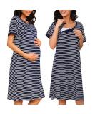 Sykooria Women's Maternity Nightdress Breastfeeding Nightwear - Short Sleeve Nursing Nightgown in Stripe Dark Blue XL - Buy Online on GoSupps.com