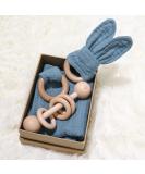 Baby Lovey Wood Rattle Teether Ring Set - Navy Blue Cotton Double Gauze 3 Pack | Montessori Gender Neutral Baby Shower Gift - Buy Online on GoSupps.com