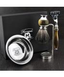 4 Pc Men's Shaving Kit - 3 Edge Razor Black Badger Hair Brush Stand & Stainless Steel Bowl | Perfect Grooming Gift - Buy Online on GoSupps.com