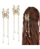 CHANZET Gold Butterfly Hair Claw Clips with Pearl Tassel Chain - Set of 2 | Rhinestone Decoration Hair Accessories for Women and Girls - Buy Online on GoSupps.com
