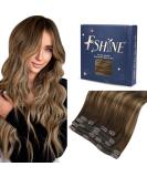 FSHINE Clip-In Hair Extensions - Real Human Hair Balayage Ombre 55cm 120g Double Wefts Dark Brown & Caramel Blonde - 7 Pcs #4/27/4 - Buy Online on GoSupps.com