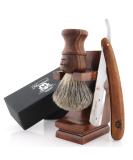 Haryali London Men's Wooden Shaving Set - Straight Razor Black Badger Hair & Stand | Best International Shipping - Buy Online on GoSupps.com