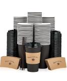100 Pack 16 oz Black Paper Coffee Cups with Lids, Sleeves, and Stirring Sticks - Perfect for Hot & Cold Beverages at Home, Stores, and Cafes - Buy Online on GoSupps.com