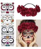 Day of the Dead Sugar Skull Face Tattoo Kit with Rose Red Flower Crown Headband - Buy Online on GoSupps.com