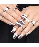 MISUD Medium Coffin Press on Nails - Glossy Silver Chrome Metallic False Nails (01-O) - Buy Online on GoSupps.com