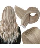 Full Shine 14 Highlighted Blonde Tape in Hair Extensions - 20 Pieces 50g - Ash Blonde & Blonde Color 18/22 - Real Human Hair Tape Ins - Buy Online on GoSupps.com