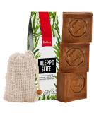 Natura Germania 3x each approx. 200 gr (approx. 600 gr) original Aleppo soap set 60% olive oil / 40% laurel oil + sisal soap bag | Known from public broadcasting - natural soap - Buy Online on GoSupps.com