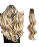 Real Hair Tape In Extensions - Double-Sided Remy Human Hair - Ash Brown Beach Blonde with Dark Brown Roots - 45 cm - Buy Online on GoSupps.com