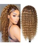 Honey Blonde Ombre Curly Lace Front Wig | Human Hair | Glueless Transparent Lace | 180% Density | 18 inch - Buy Online on GoSupps.com