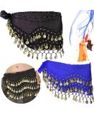 2-Pack Chiffon Belly Dance Belt with Coins - Silk Scarf Hip Cloth Skirts for Women (Black & Blue) - 150 cm Long - Buy Online on GoSupps.com