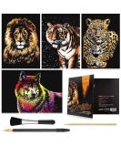 Rainbow Scratch Art Painting Paper (A4) for Kids & Adults, Night View Scratchboard, Art & Craft, Engraving Art Set: 4 Sheets Scratch Cards & Drawing Pen, Clean Brush (Lion/Tiger/Leopard/Wolf) - Buy Online on GoSupps.com