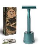 Anymale Plastic-Free Razor Plane Azure Edition - Eco-Friendly Wet Razor Set for Men & Women with Stand & 5 Astra Blades - Emerald Green - Buy Online on GoSupps.com