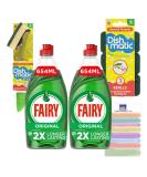 Washing Up Liquid Bundle with Fairy Liquid 654ml x2 Dishmatic Washing Up Sponge With Liquid Handle and Dishmatic Refill Sponges with Indigo Leopard Ultimate DIshwashing Tip Sheet - Buy Online on GoSupps.com