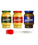 Lwensenf German Mustard Variety Pack - Extra Hot, Medium Hot, and Sweet & Spicy Mustards (3 Pack) with Silicone Pastry Brush - Buy Online on GoSupps.com