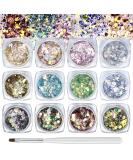 12 colors nail glitter glitter holographic sequins make-up glitter sequins glitter powder glitter iris flakes for face nails hair body festival decoration with nail brush - Buy Online on GoSupps.com
