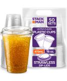 16 oz. Clear Cups with Strawless Sip-Lids | 50 Sets PET Crystal Clear Disposable Plastic Cups with Lids - Buy Online on GoSupps.com