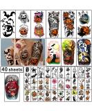 Yazhiji 40 Sheets Halloween Temporary Tattoos - Pumpkin Witch Sugar Skull Family Set for Men, Women, Boys, Girls - Waterproof and Realistic Zombie Makeup Kit for Parties - Buy Online on GoSupps.com