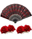 2 Pieces Women Rose Flower Hair Clip and Embroidered Sequins Fabric Handheld Folding Fan Hair Accessories for Flamenco Dancer Costume Accessories Girl Halloween Cosplay Party - Buy Online on GoSupps.com