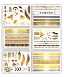 Gold Metallic Temporary Tattoos - 75+ Geometric Henna Designs Moon Stars Arrows Feathers - Waterproof, Non-toxic, Long Lasting - Ideal for Beach, Festivals & More! - Buy Online on GoSupps.com