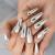 iMABC Silver Punk Metallic Press On False Nails Long Coffin Ballerina Chrome Mirror Fake Nails Full Cover Acrylic Nail Tips with Glue Tape For Women And Girls L5883-1