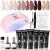 Modelones Poly Nail Gel Kit with 20W Nail Lamp 6 Colors Poly Nail Extension Gel All-in-one Kit Glitter Pink Red Builder Nail Gel Nail Strengthen Base Top Coat Set Nail Forms for Nail Art DIY at Home A1-Glitter Pink Red