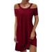 Off The Shoulder Dress for Women Ladies Summer Solid Color Short Sleeve Dress Casual V Neck Mesh Mini Dress XX-Large A1-wine